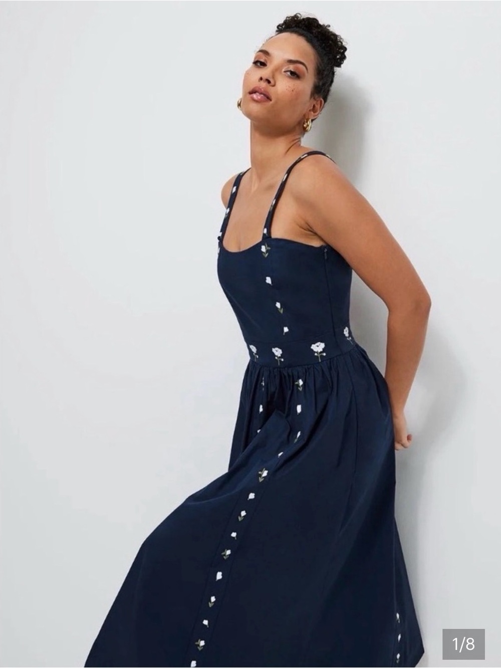 Fanm Mon Hulya Navy Midi Dress with White Floral Embroidery - Picture 2 of 5